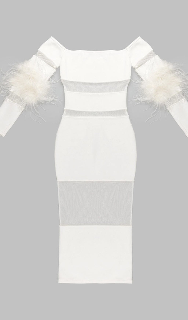 BANDAGE OFF-SHOULDER FEATHER MIDI DRESS IN WHITE