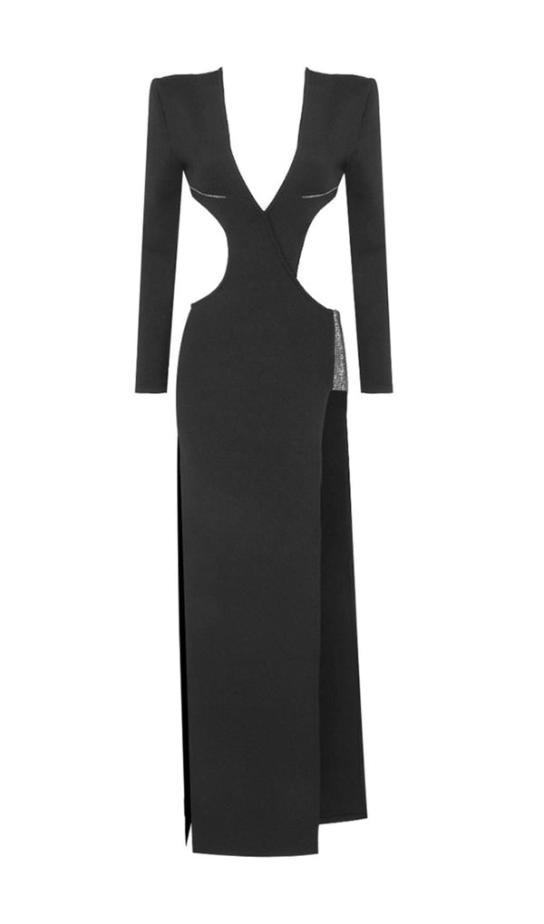 LONG SLEEVE CRYSTAL MAXI DRESS BLACK