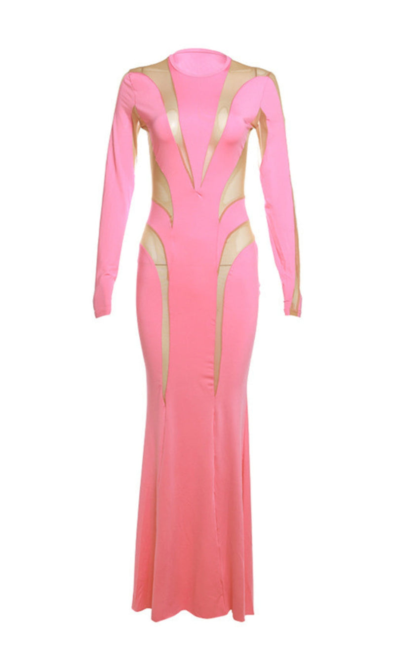 LANGÄRMELIGES, BODYCON-MAXIKLEID AUS MESH IN PINK