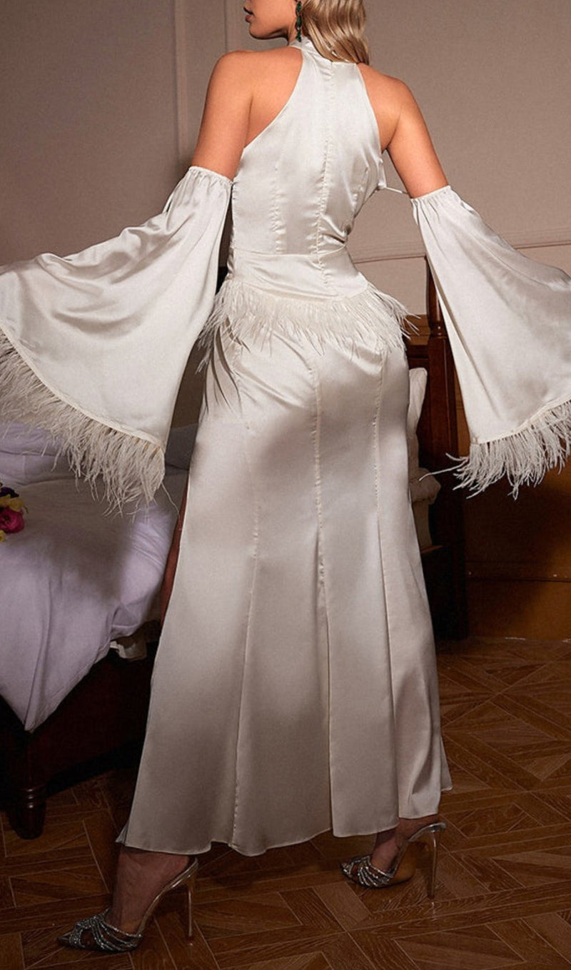 ROBE EN SATIN À PLUME DOS NOIRE, BLANC