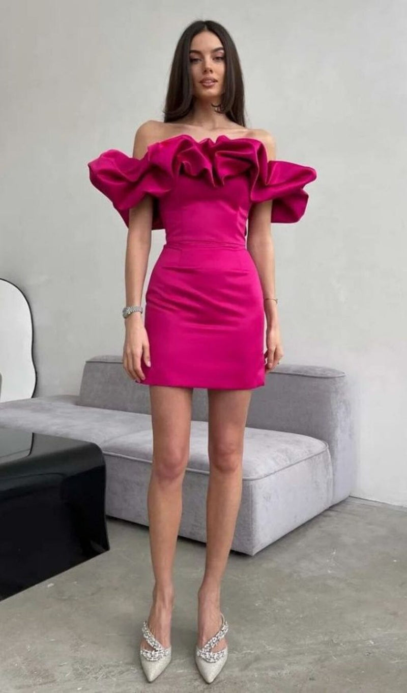 SATIN A-LINE NECKLINE POD RUFFLE MINI DRESS IN PINK