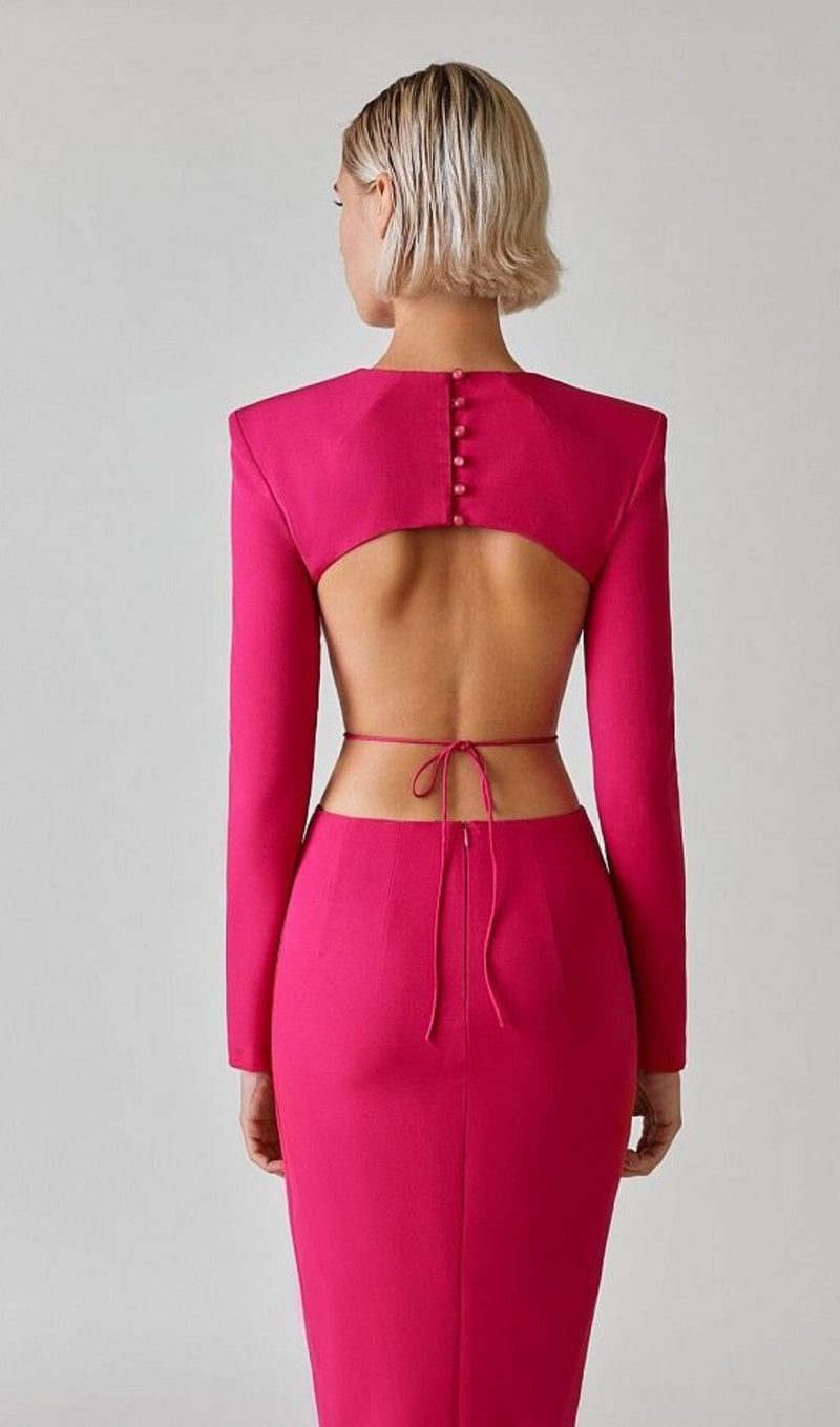 LONG SLEEVE OPEN BACK SLIT DRESS IN ROSE RED