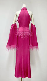 HALTERNECK FEATHER SATIN DRESS IN PINK