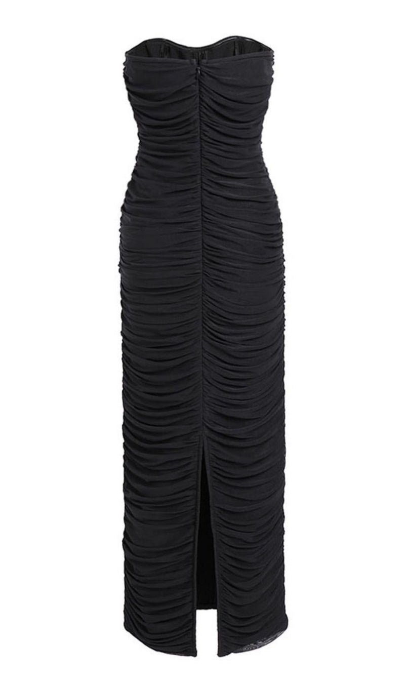 RUCHED STRAPLESS MIDI DRESS IN BLACK