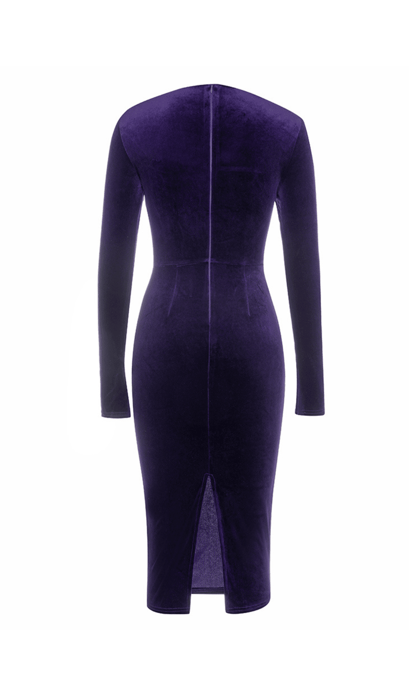 SQUARE NECK PURPLE HERRINGBONE VELVET TIGHT MIDI DRESS