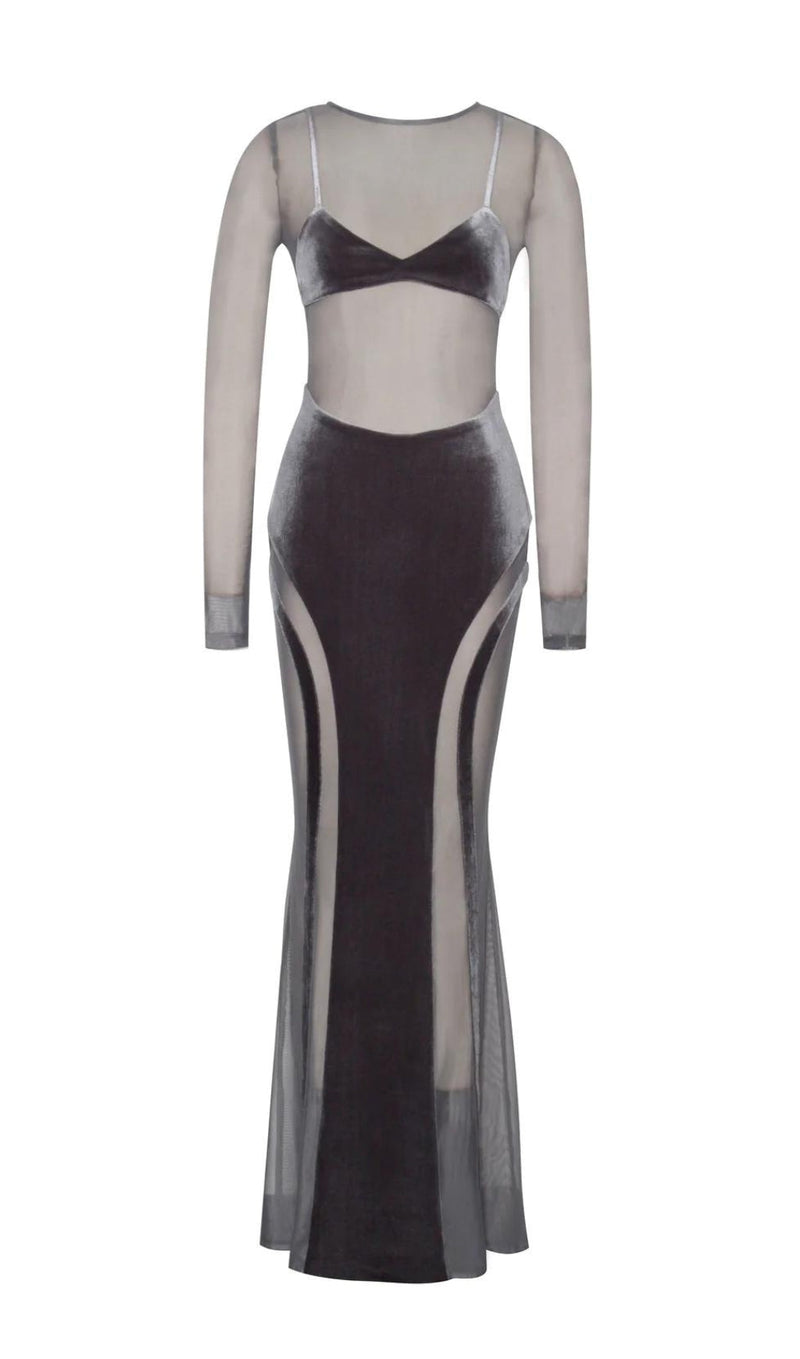 ROBE MAXI EN MAILLE DE VELOURS GRIS