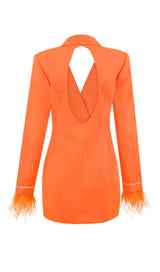 QUILLA ORANGE FEATHER CRYSTAL SLEEVE BACKLESS BLAZER DRESS