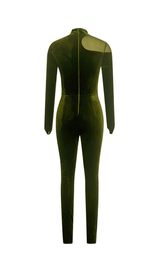 OLIVE GREEN VELVET CASUAL LONG-SLEEVED TIGHT MESH JUMPSUIT