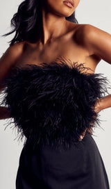 BLACK STRAPLESS FEATHER BODYCON MINI DRESS