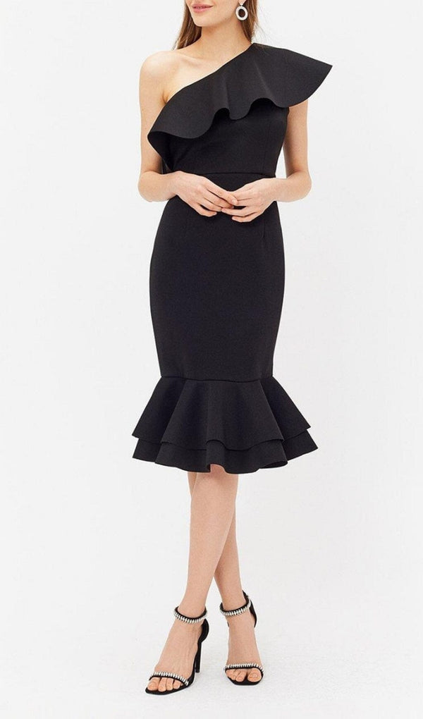 CROSS-SHOULDER RUFFLED FISHTAIL DRESS IN BLACK