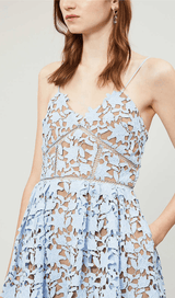 FLORAL SPAGHETTI STRAP GUIPURE LACE MINI DRESS IN BLUE