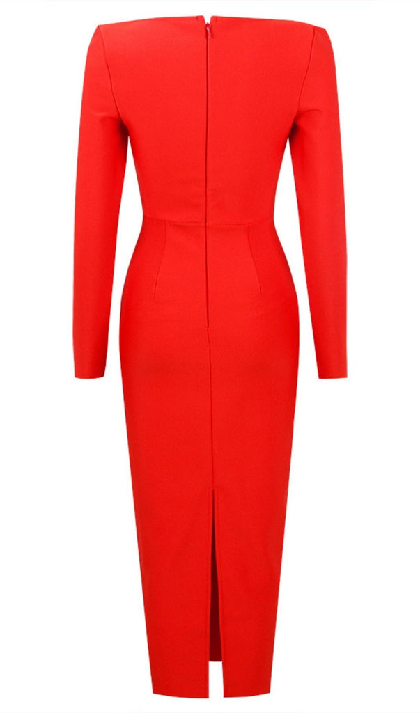 BANDAGE LONG SLEEVE MIDI DRESS IN RED