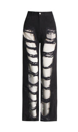 PANTALON EN JEAN PATCHWORK EN MAILLE DIAMANT