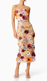 3D FLOWER STRAPLESS MIDI DRESS