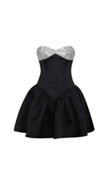 BLACK SATIN CRYSTAL BUSTIER A-LINE MINI DRESS