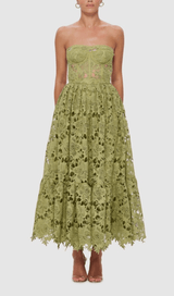 LACE BUSTIER MIDI DRESS IN GREEN