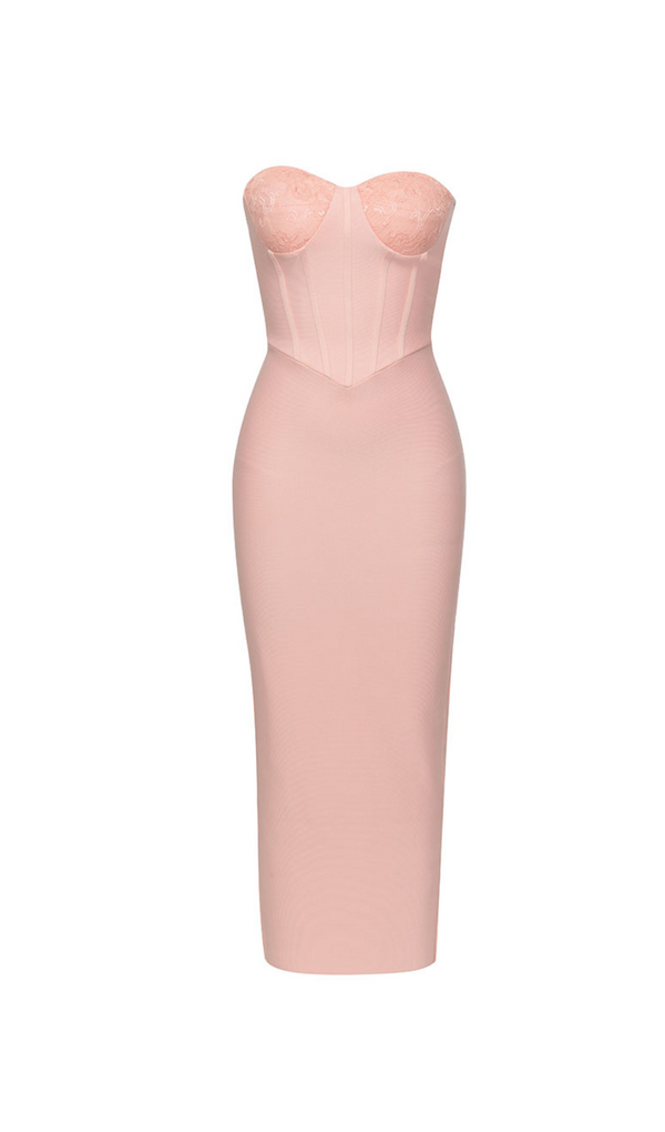 ROBE MAXI CORSET EN DENTELLE SANS BRETELLES ROSE 