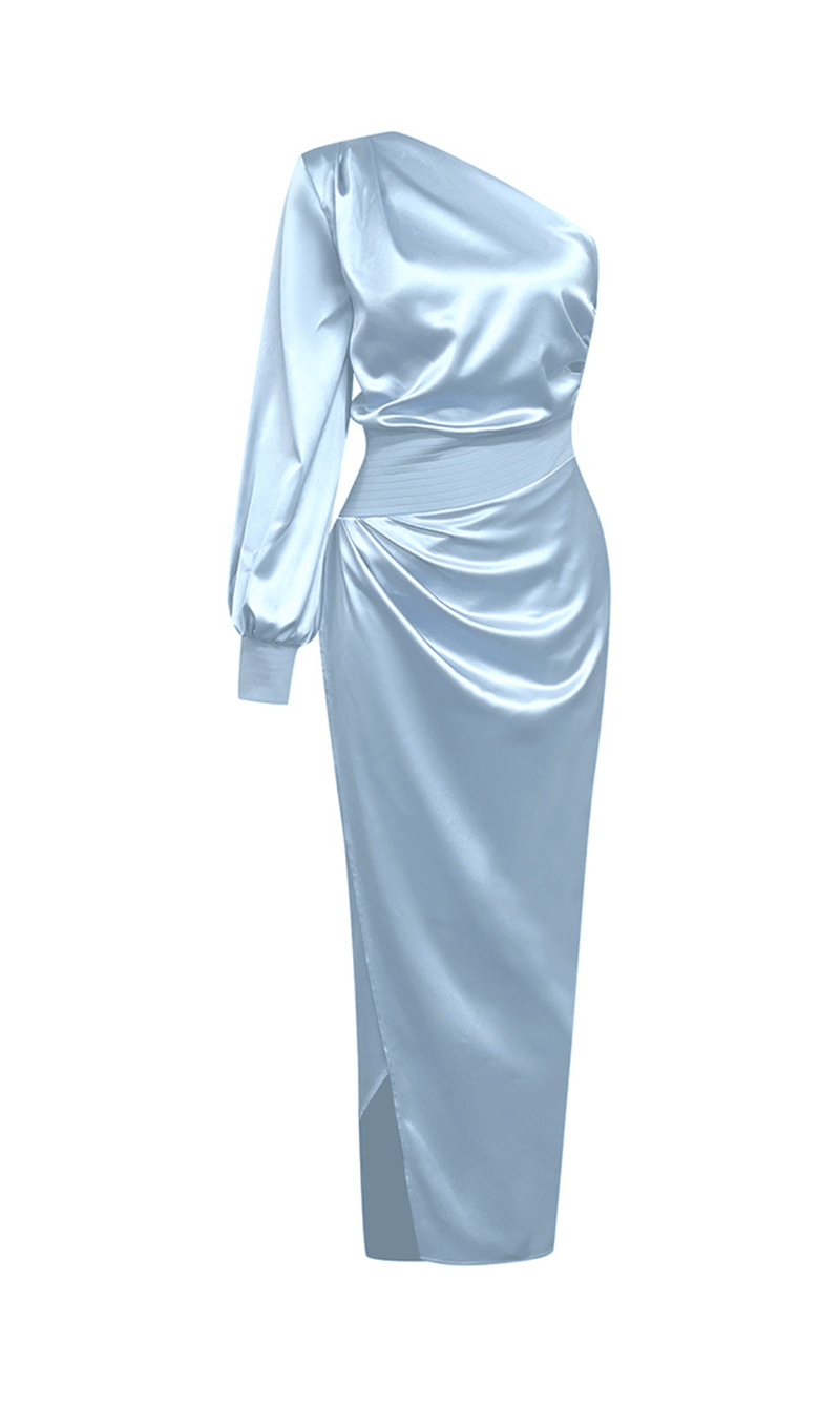 BLUE ONE SHOULDER PUFF SLEEVE SATIN MAXI DRESS