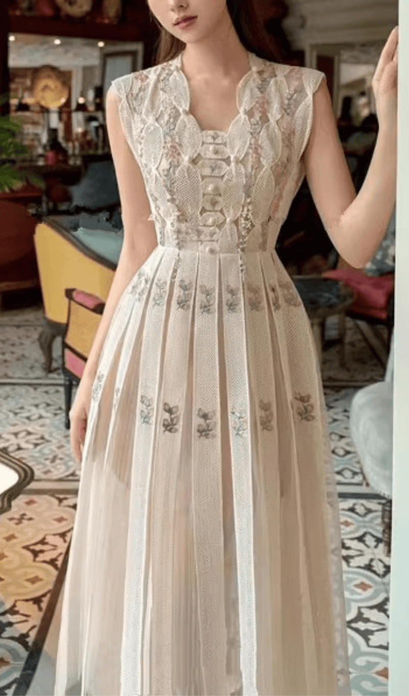 PEARL-EMBELLISHED SLEEVELESS FLORAL MIDI DRESS