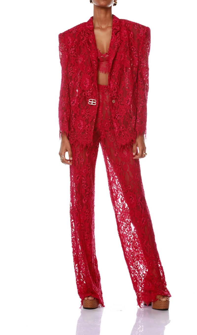 CAPRI FUCHSIA LACE BRALETTE JACKET SUIT IN RED