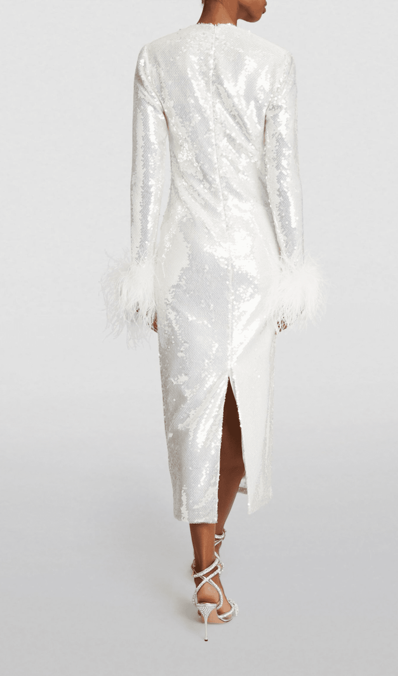 LONG SLEEVE FEATHER SEQUINNED MIDI DRESS