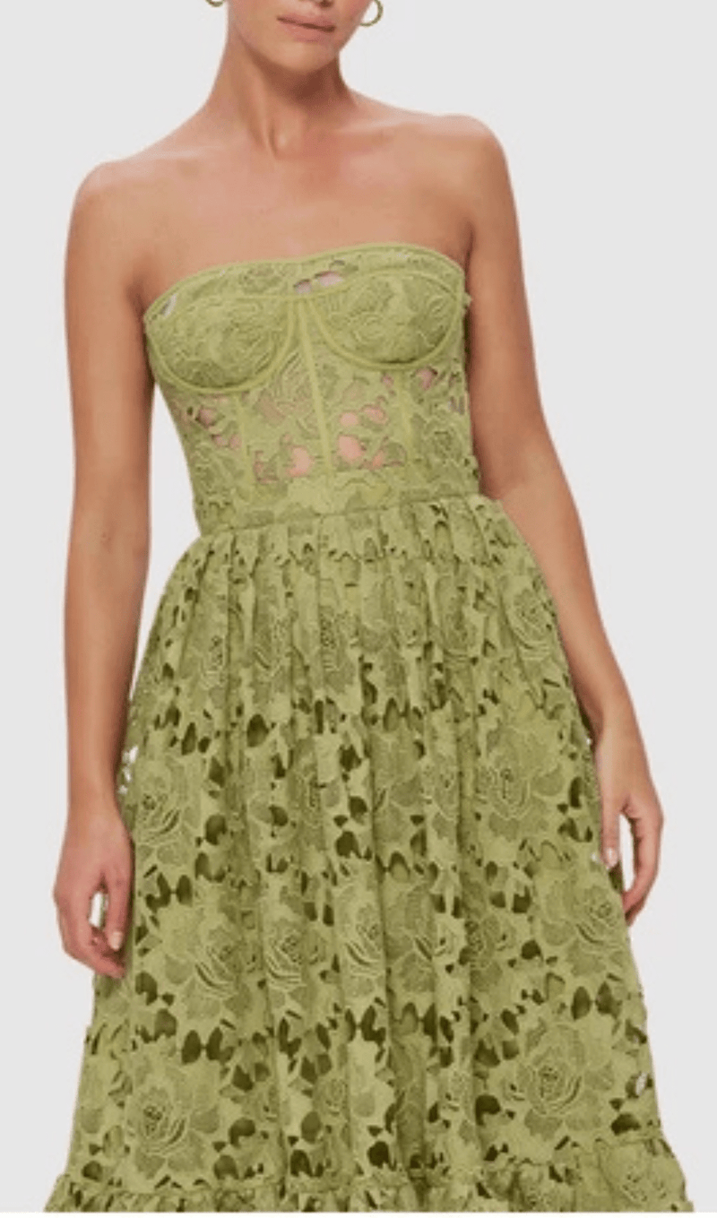 LACE BUSTIER MIDI DRESS IN GREEN