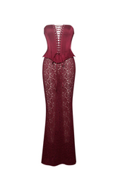 BURGUNDY SATIN LACE CORSET MAXI DRESS