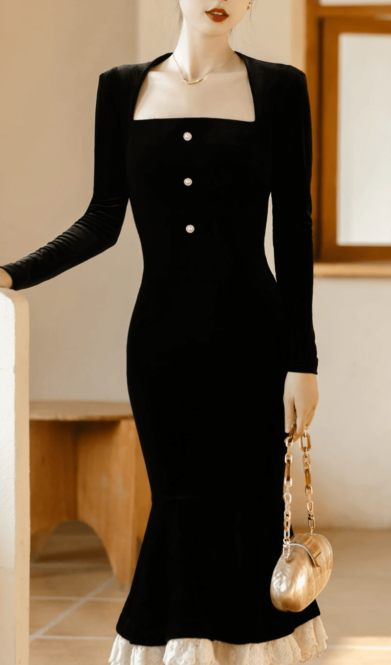 LONG-SLEEVE RUFFLE HEM FAUX VELVET MIDI DRESS