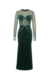 ROBE MAXI EN VELOURS BUSTIER À MANCHES LONGUES 