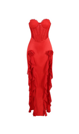 RED SATIN LACE CORSET MAXI DRESS