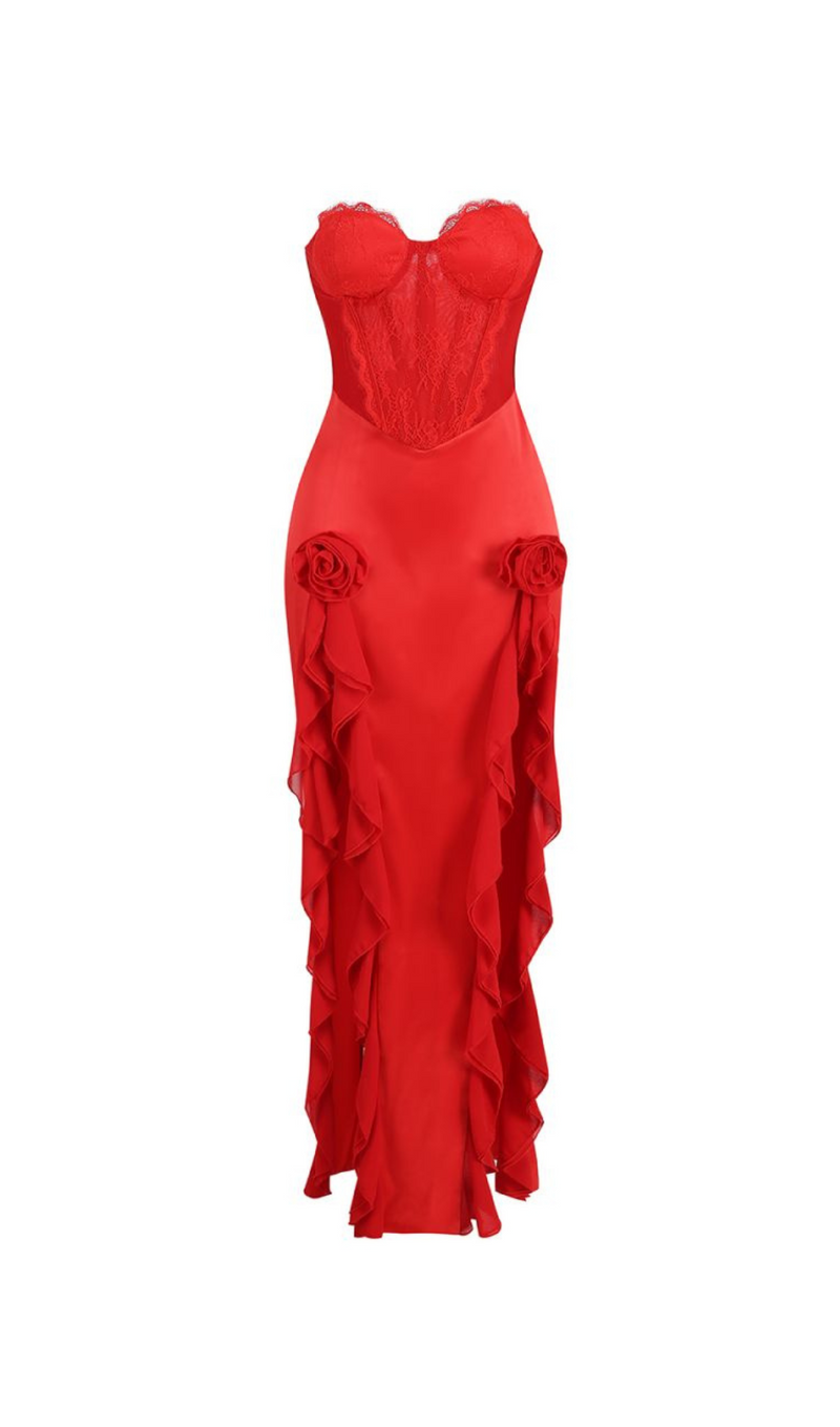 ROBE MAXI CORSET EN DENTELLE SATINÉE ROUGE 