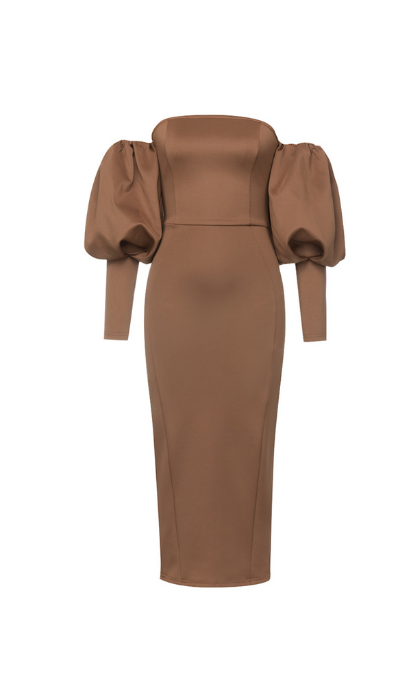 OFF-SHOULDER SATIN LANTERN SLEEVE MIDI DRESS