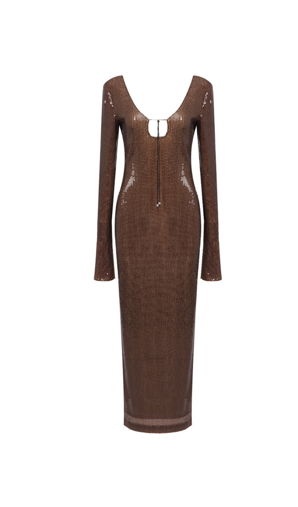 BROWN CUT OUT SEQUIN MAXI DRESS