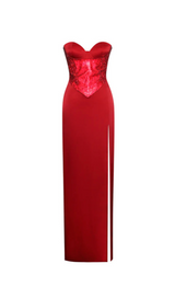 RED CRYSTAL HIGH SLIT SATIN CORSET GOWN