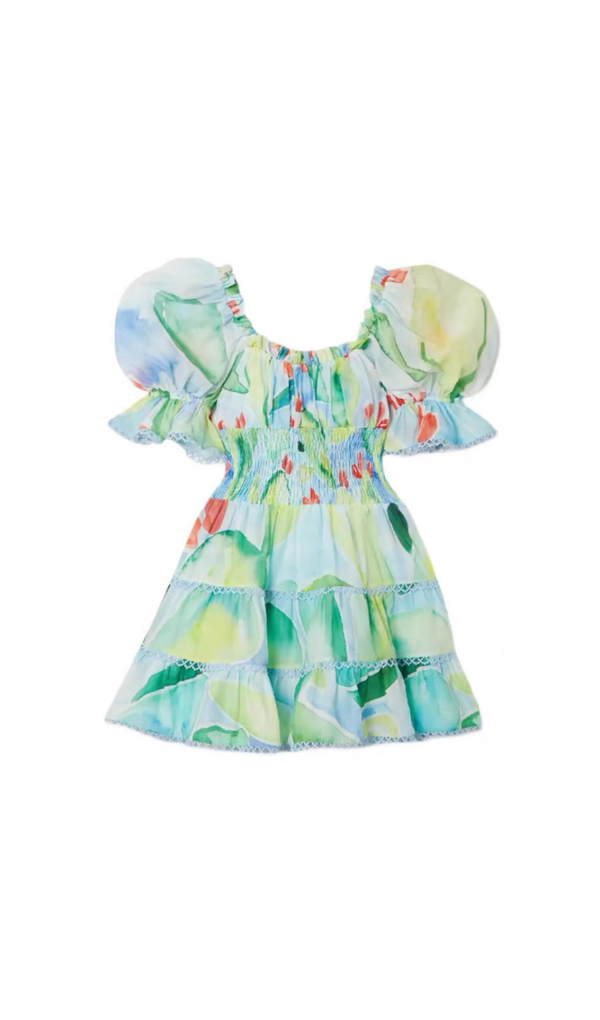 MINI-ROBE EN VOILE DE COTON MÉLANGÉ À IMPRIMÉ FLORAL EN VERT 