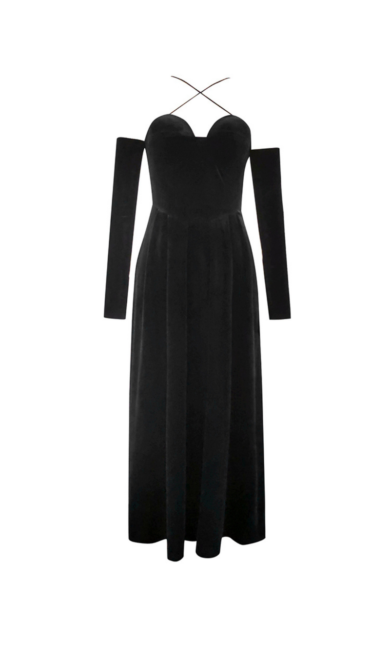 PLEATED VELVET GOWN GLOVES SUIT