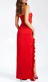 ROBE MAXI CORSET EN DENTELLE SATINÉE ROUGE 