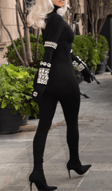 BLACK CRYSTAL EMBELLISHED TURTLENECK JUMPSUIT