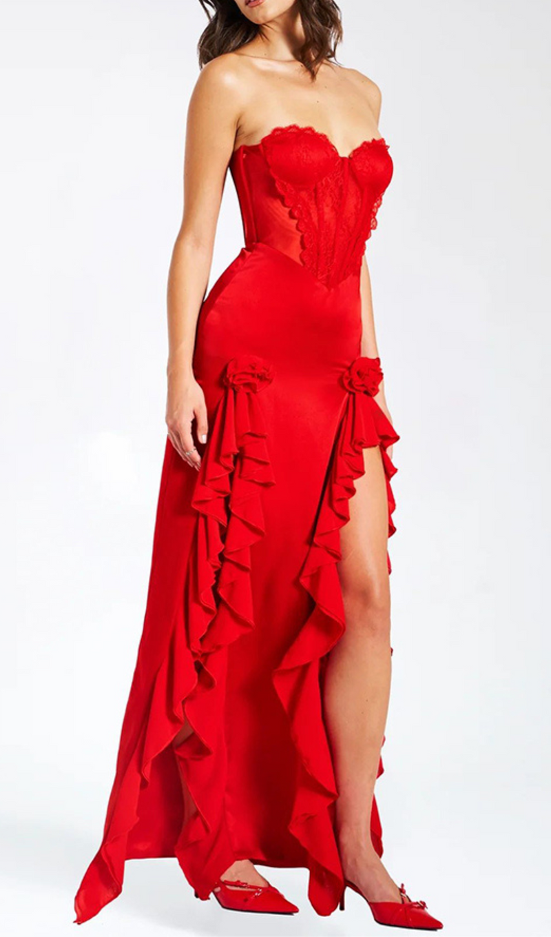 ROBE MAXI CORSET EN DENTELLE SATINÉE ROUGE 