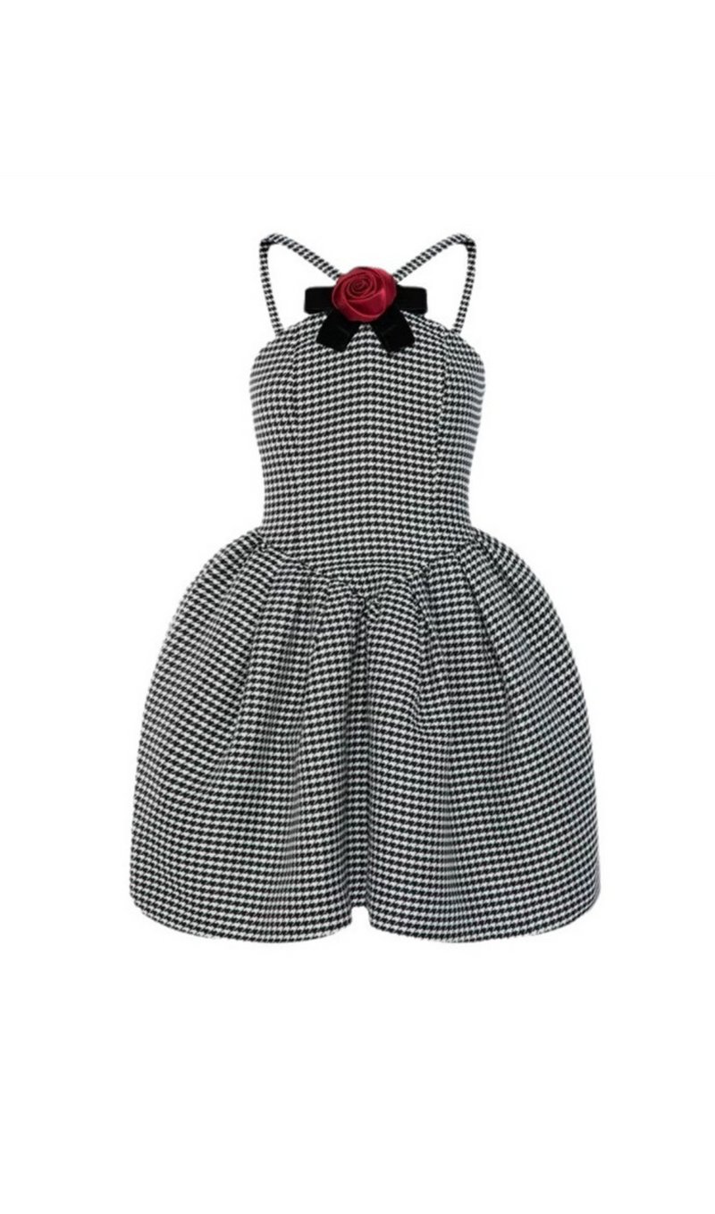 HALTER HOUNDSTOOTH BOW MINI A-LINE DRESS