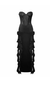 ROBE MAXI CORSET EN DENTELLE SATINÉE NOIRE 