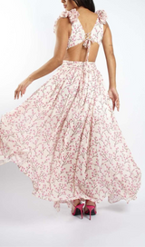 RUFFLED FLORAL CUTOUT MAXI DRESS