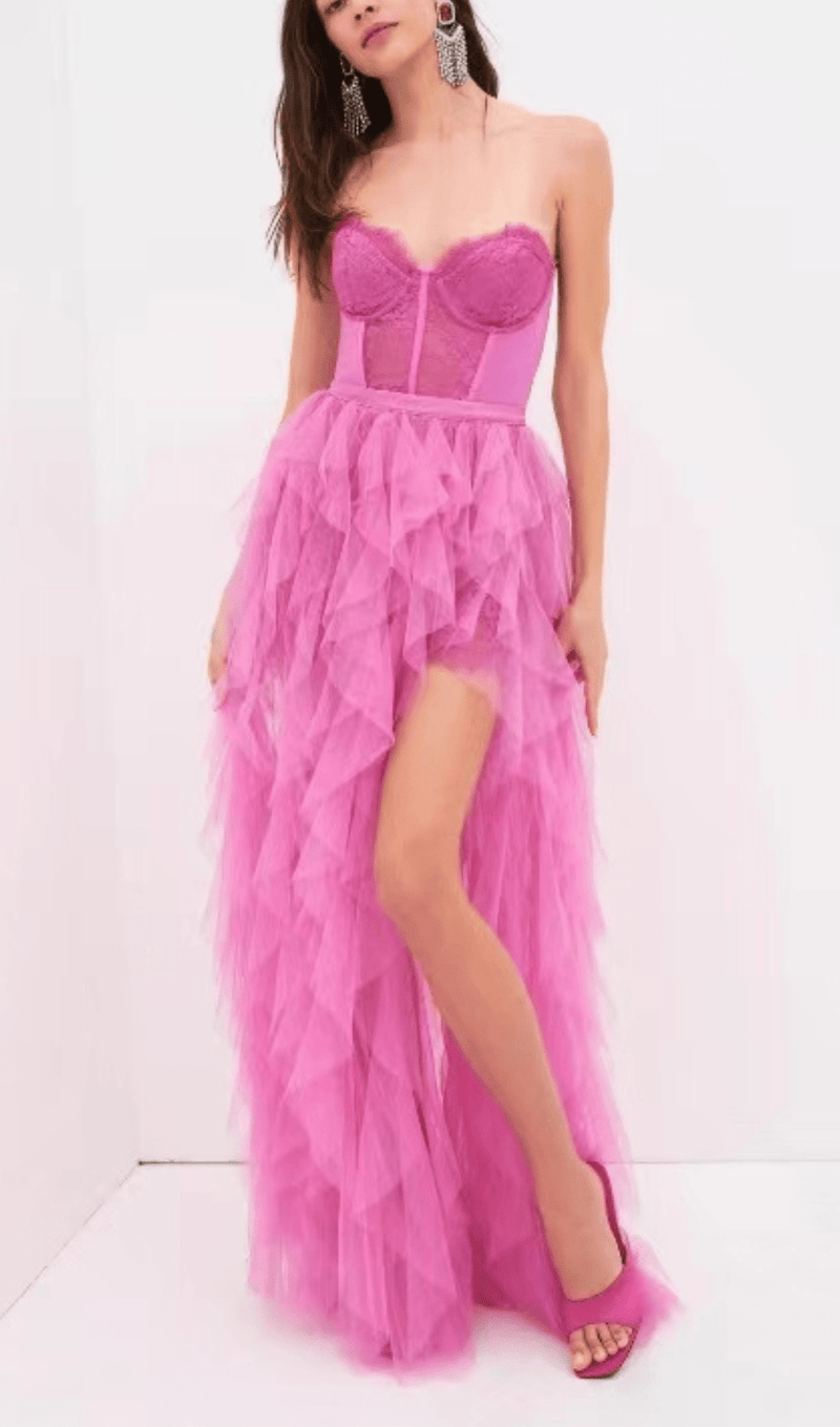 PINK STRAPLESS LACE PATCHWORK MESH MAXI DRESS