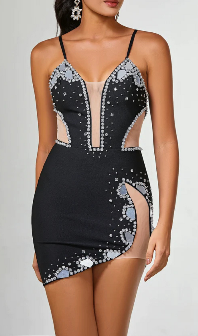 RHINESTONE SPAGHETTI STRAP DRESS IN BLACK