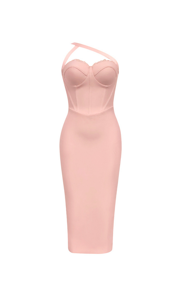 ROBE MIDI BUSTIER EN DENTELLE UNE ÉPAULE EN ROSE 