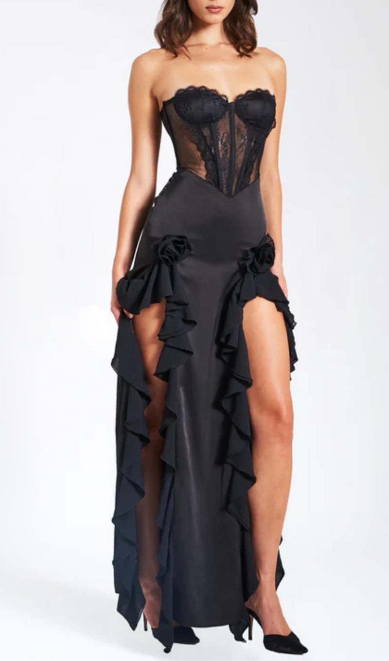 ROBE MAXI CORSET EN DENTELLE SATINÉE NOIRE 