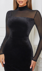 MESH ASYMMETRICAL VELVET BODYCON MIDI DRESS