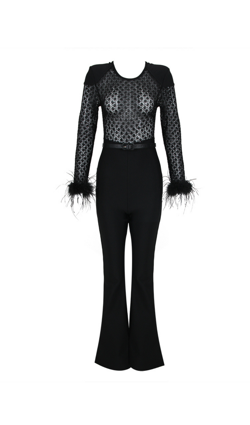 BLACK FEATHER SEQUIN JUMPSUIT