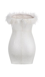 SEQUIN FEATHER STRAPLESS MINI DRESS IN WHITE