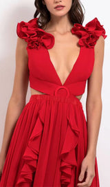 DEEP V RED CUTOUT ONE PIECE SWIMSUIT AND SKIRT